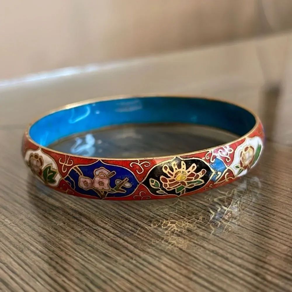 Vintage Asian Floral Motif Cloisonné Bangle Bracelet 7.75” approx